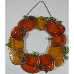 Autumn Fall Halloween Stained Glass Style Wreath Window Hanging Suncatcher